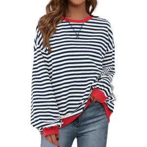 imageBTFBM Womens Striped Pullover Tops Fall Clothes 2025 Long Sleeve Shirts Trendy Soft Crew Neck Loose Y2K SweatshirtsNavy White