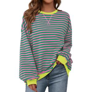 imageBTFBM Womens Striped Pullover Tops Fall Clothes 2025 Long Sleeve Shirts Trendy Soft Crew Neck Loose Y2K SweatshirtsPink Green