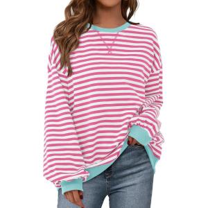 imageBTFBM Womens Striped Pullover Tops Fall Clothes 2025 Long Sleeve Shirts Trendy Soft Crew Neck Loose Y2K SweatshirtsPink White