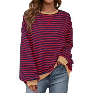 imageBTFBM Womens Striped Pullover Tops Fall Clothes 2025 Long Sleeve Shirts Trendy Soft Crew Neck Loose Y2K SweatshirtsRed Navy