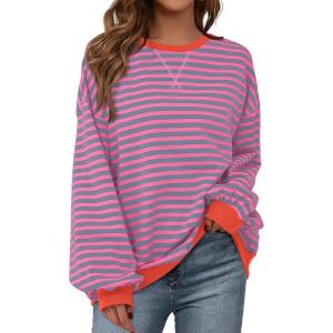 imageBTFBM Womens Striped Pullover Tops Fall Clothes 2025 Long Sleeve Shirts Trendy Soft Crew Neck Loose Y2K SweatshirtsRose Red Grey Blue