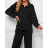 imageBTFBM Women 2 Piece Outfit 2024 Fall Winter Lapel V Neck Long Sleeve Pullover and Wide Leg Pants Lounge Sets PocketsSolid Black