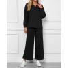 imageBTFBM Women 2 Piece Outfit 2024 Fall Winter Lapel V Neck Long Sleeve Pullover and Wide Leg Pants Lounge Sets PocketsSolid Black