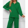 imageBTFBM Women 2 Piece Outfit 2024 Fall Winter Lapel V Neck Long Sleeve Pullover and Wide Leg Pants Lounge Sets PocketsSolid Green