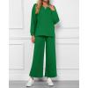 imageBTFBM Women 2 Piece Outfit 2024 Fall Winter Lapel V Neck Long Sleeve Pullover and Wide Leg Pants Lounge Sets PocketsSolid Green