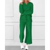 imageBTFBM Women 2 Piece Outfit 2024 Fall Winter Lapel V Neck Long Sleeve Pullover and Wide Leg Pants Lounge Sets PocketsSolid Green