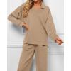 imageBTFBM Women 2 Piece Outfit 2024 Fall Winter Lapel V Neck Long Sleeve Pullover and Wide Leg Pants Lounge Sets PocketsSolid Khaki