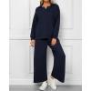 imageBTFBM Women 2 Piece Outfit 2024 Fall Winter Lapel V Neck Long Sleeve Pullover and Wide Leg Pants Lounge Sets PocketsSolid Navy