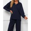 imageBTFBM Women 2 Piece Outfit 2024 Fall Winter Lapel V Neck Long Sleeve Pullover and Wide Leg Pants Lounge Sets PocketsSolid Navy