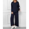 imageBTFBM Women 2 Piece Outfit 2024 Fall Winter Lapel V Neck Long Sleeve Pullover and Wide Leg Pants Lounge Sets PocketsSolid Navy
