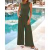 imageBTFBM Womens Casual Jumpsuits Dressy 2025 Summer One Piece Outfits Crew Neck Sleeveless Knit Wide Leg Pants RomperArmy Green