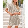 imageBTFBM Womens Striped Knit Sets 2 Piece Outfits 2025 Summer Short Sleeve Tops Elastic Waist Shorts Lounge Sets PocketsBeige Brown