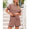 imageBTFBM Womens Striped Knit Sets 2 Piece Outfits 2025 Summer Short Sleeve Tops Elastic Waist Shorts Lounge Sets PocketsPink Coffee