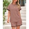 imageBTFBM Womens Striped Knit Sets 2 Piece Outfits 2025 Summer Short Sleeve Tops Elastic Waist Shorts Lounge Sets PocketsPink Coffee