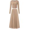 imageBTFBM Two Piece Skirt Sets For Women 2024 Trendy Fall Outfits Ribbed Knit Long Sleeve Crop Top Flowy Maxi Skirt SetSolid Khaki