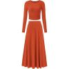 imageBTFBM Two Piece Skirt Sets For Women 2024 Trendy Fall Outfits Ribbed Knit Long Sleeve Crop Top Flowy Maxi Skirt SetSolid Orange