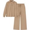 imageBTFBM Women 2 Piece Outfit 2024 Fall Winter Lapel V Neck Long Sleeve Pullover and Wide Leg Pants Lounge Sets PocketsSolid Khaki