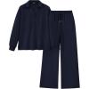 imageBTFBM Women 2 Piece Outfit 2024 Fall Winter Lapel V Neck Long Sleeve Pullover and Wide Leg Pants Lounge Sets PocketsSolid Navy