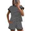 imageBTFBM Womens Striped Knit Sets 2 Piece Outfits 2025 Summer Short Sleeve Tops Elastic Waist Shorts Lounge Sets PocketsBlack White
