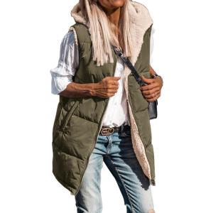 imageBTFBM Fall Long Puffer Vest Women Sleeveless Hooded Reversible Fleece Sherpa Jacket Zip Up Winter Coat Outerwear VestsSolid Army Green