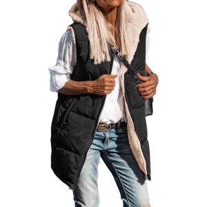 imageBTFBM Fall Long Puffer Vest Women Sleeveless Hooded Reversible Fleece Sherpa Jacket Zip Up Winter Coat Outerwear VestsSolid Black