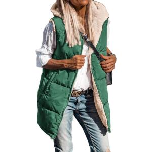 imageBTFBM Fall Long Puffer Vest Women Sleeveless Hooded Reversible Fleece Sherpa Jacket Zip Up Winter Coat Outerwear VestsSolid Dark Green