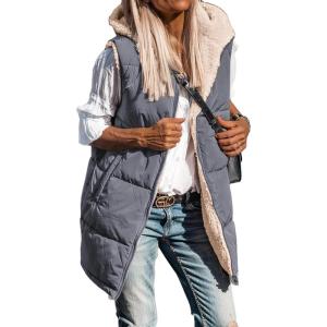 imageBTFBM Fall Long Puffer Vest Women Sleeveless Hooded Reversible Fleece Sherpa Jacket Zip Up Winter Coat Outerwear VestsSolid Grey Blue