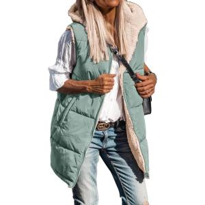 imageBTFBM Fall Long Puffer Vest Women Sleeveless Hooded Reversible Fleece Sherpa Jacket Zip Up Winter Coat Outerwear VestsSolid Grey Green