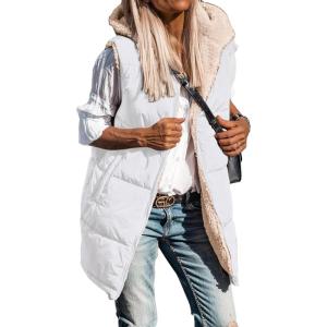 imageBTFBM Fall Long Puffer Vest Women Sleeveless Hooded Reversible Fleece Sherpa Jacket Zip Up Winter Coat Outerwear VestsSolid White