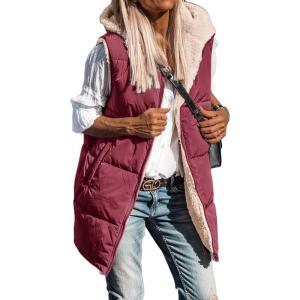 imageBTFBM Fall Long Puffer Vest Women Sleeveless Hooded Reversible Fleece Sherpa Jacket Zip Up Winter Coat Outerwear VestsSolid Wine Red
