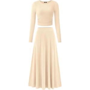 imageBTFBM Two Piece Skirt Sets For Women 2024 Trendy Fall Outfits Ribbed Knit Long Sleeve Crop Top Flowy Maxi Skirt SetSolid Apricot
