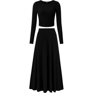 imageBTFBM Two Piece Skirt Sets For Women 2024 Trendy Fall Outfits Ribbed Knit Long Sleeve Crop Top Flowy Maxi Skirt SetSolid Black