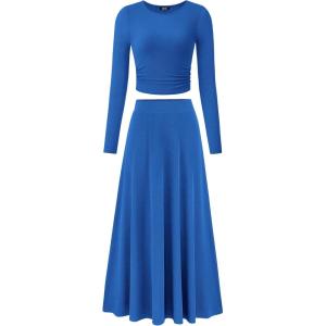 imageBTFBM Two Piece Skirt Sets For Women 2024 Trendy Fall Outfits Ribbed Knit Long Sleeve Crop Top Flowy Maxi Skirt SetSolid Blue