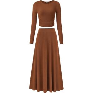 imageBTFBM Two Piece Skirt Sets For Women 2024 Trendy Fall Outfits Ribbed Knit Long Sleeve Crop Top Flowy Maxi Skirt SetSolid Dark Brown