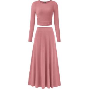 imageBTFBM Two Piece Skirt Sets For Women 2024 Trendy Fall Outfits Ribbed Knit Long Sleeve Crop Top Flowy Maxi Skirt SetSolid Dusty Pink