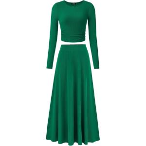 imageBTFBM Two Piece Skirt Sets For Women 2024 Trendy Fall Outfits Ribbed Knit Long Sleeve Crop Top Flowy Maxi Skirt SetSolid Green