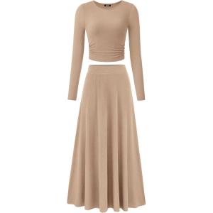 imageBTFBM Two Piece Skirt Sets For Women 2024 Trendy Fall Outfits Ribbed Knit Long Sleeve Crop Top Flowy Maxi Skirt SetSolid Khaki