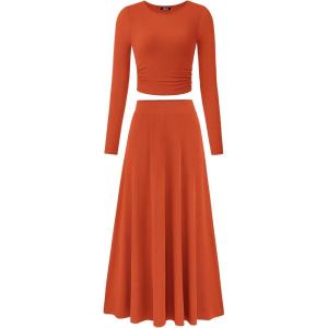 imageBTFBM Two Piece Skirt Sets For Women 2024 Trendy Fall Outfits Ribbed Knit Long Sleeve Crop Top Flowy Maxi Skirt SetSolid Orange