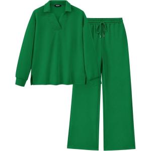imageBTFBM Women 2 Piece Outfit 2024 Fall Winter Lapel V Neck Long Sleeve Pullover and Wide Leg Pants Lounge Sets PocketsSolid Green