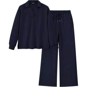 imageBTFBM Women 2 Piece Outfit 2024 Fall Winter Lapel V Neck Long Sleeve Pullover and Wide Leg Pants Lounge Sets PocketsSolid Navy