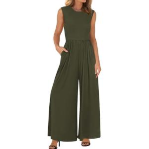 imageBTFBM Womens Casual Jumpsuits Dressy 2025 Summer One Piece Outfits Crew Neck Sleeveless Knit Wide Leg Pants RomperArmy Green
