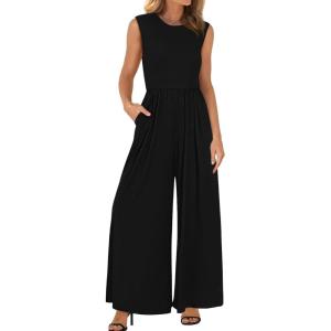 imageBTFBM Womens Casual Jumpsuits Dressy 2025 Summer One Piece Outfits Crew Neck Sleeveless Knit Wide Leg Pants RomperBlack