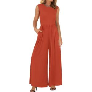imageBTFBM Womens Casual Jumpsuits Dressy 2025 Summer One Piece Outfits Crew Neck Sleeveless Knit Wide Leg Pants RomperBrick Red