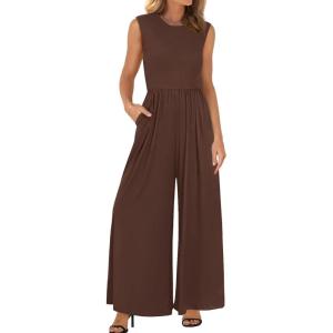 imageBTFBM Womens Casual Jumpsuits Dressy 2025 Summer One Piece Outfits Crew Neck Sleeveless Knit Wide Leg Pants RomperCoffee