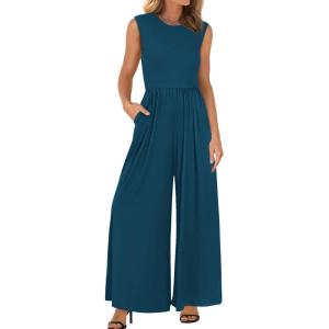 imageBTFBM Womens Casual Jumpsuits Dressy 2025 Summer One Piece Outfits Crew Neck Sleeveless Knit Wide Leg Pants RomperDark Blue