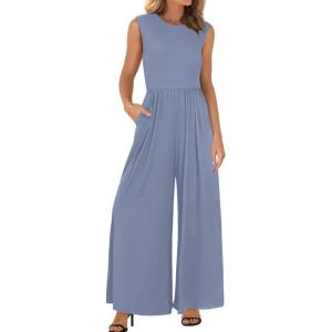 imageBTFBM Womens Casual Jumpsuits Dressy 2025 Summer One Piece Outfits Crew Neck Sleeveless Knit Wide Leg Pants RomperGrey Blue