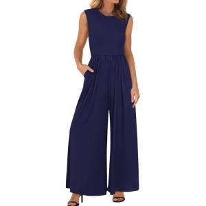 imageBTFBM Womens Casual Jumpsuits Dressy 2025 Summer One Piece Outfits Crew Neck Sleeveless Knit Wide Leg Pants RomperNavy