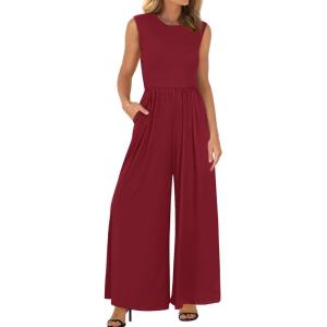 imageBTFBM Womens Casual Jumpsuits Dressy 2025 Summer One Piece Outfits Crew Neck Sleeveless Knit Wide Leg Pants RomperWine Red