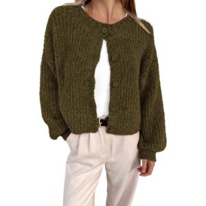 imageBTFBM Womens Chunky Knit Fall Cardigan 2025 Winter Long Sleeve Button Down Soft Loose Cropped Sweater OuterwearArmy Green