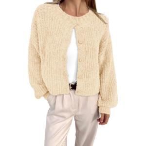 imageBTFBM Womens Chunky Knit Fall Cardigan 2025 Winter Long Sleeve Button Down Soft Loose Cropped Sweater OuterwearBeige